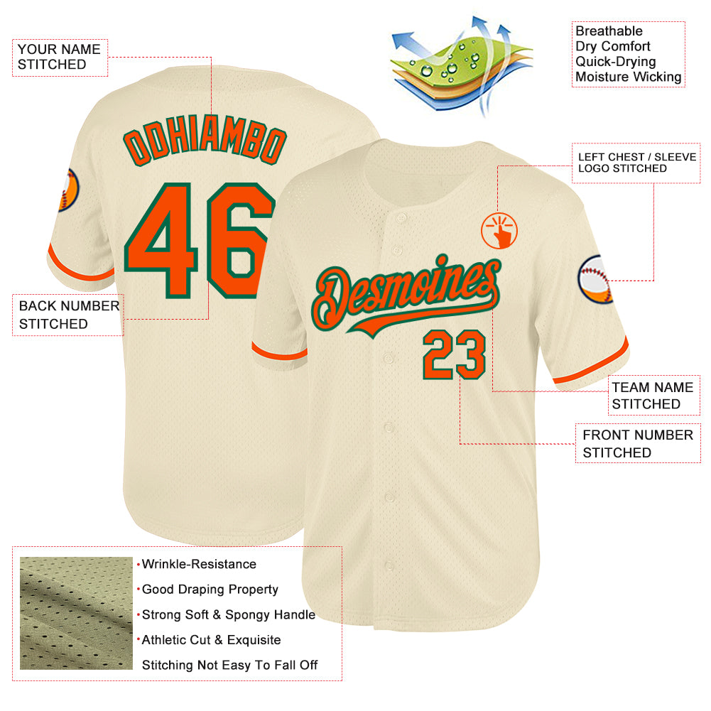 Custom Cream Orange-Kelly Green Mesh Authentic Throwback Baseball Jersey