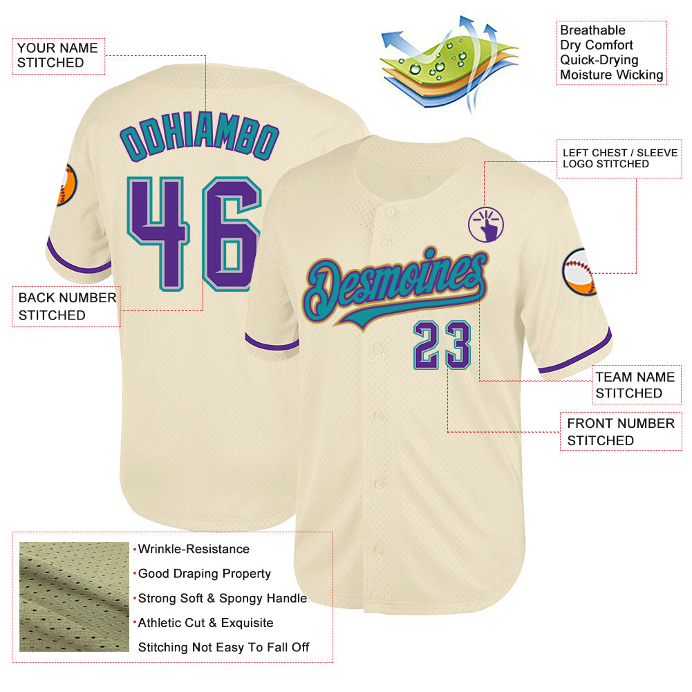 Custom Cream Purple Gray Teal-Old Gold Mesh Authentic Throwback Baseball Jersey