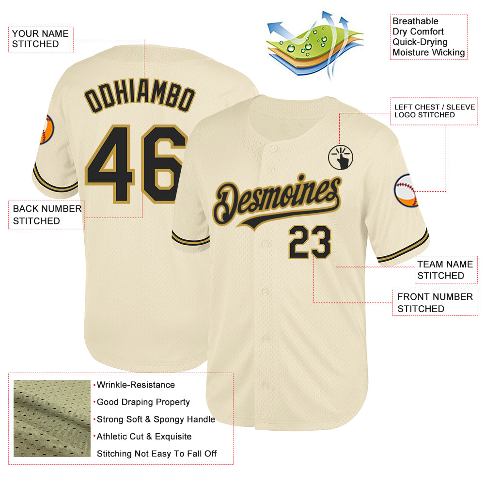 Custom Cream Black-Old Gold Mesh Authentic Throwback Baseball Jersey