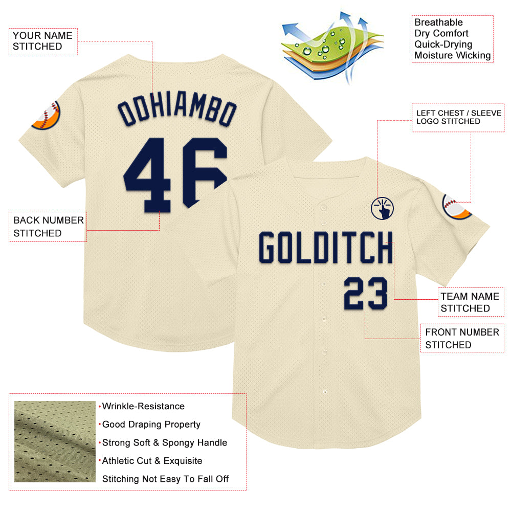 Custom Cream Navy Mesh Authentic Throwback Baseball Jersey
