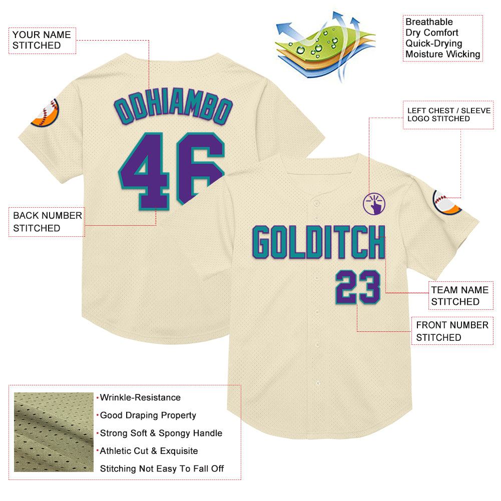 Custom Cream Purple-Teal Mesh Authentic Throwback Baseball Jersey