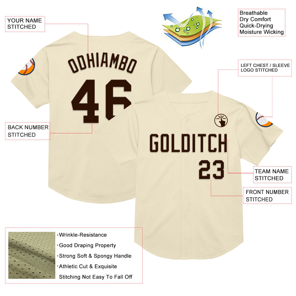 Custom Cream Brown Mesh Authentic Throwback Baseball Jersey