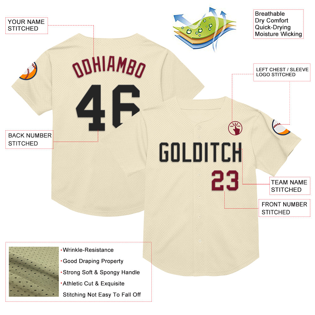 Custom Cream Black-Crimson Mesh Authentic Throwback Baseball Jersey