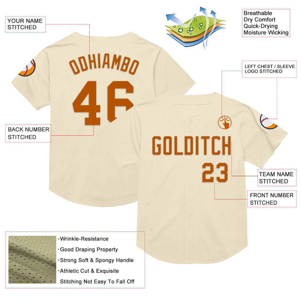 Custom Cream Texas Orange Mesh Authentic Throwback Baseball Jersey