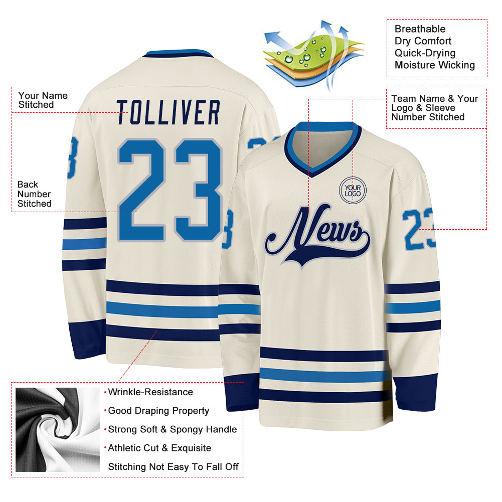 Custom Cream Blue-Navy Hockey Jersey