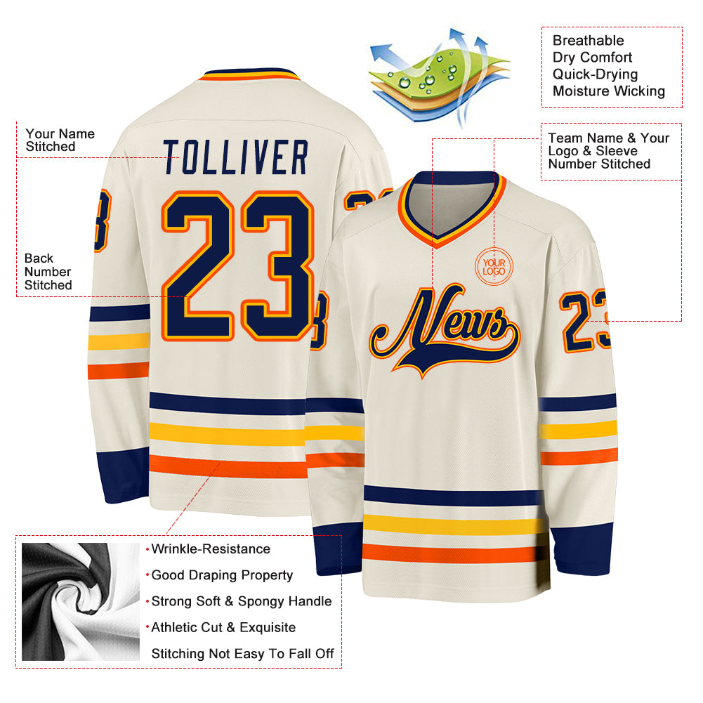 Custom Cream Navy Gold-Orange Hockey Jersey
