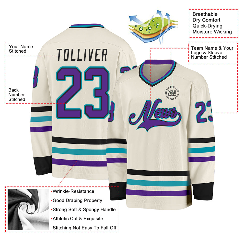 Custom Cream Purple Black-Teal Hockey Jersey