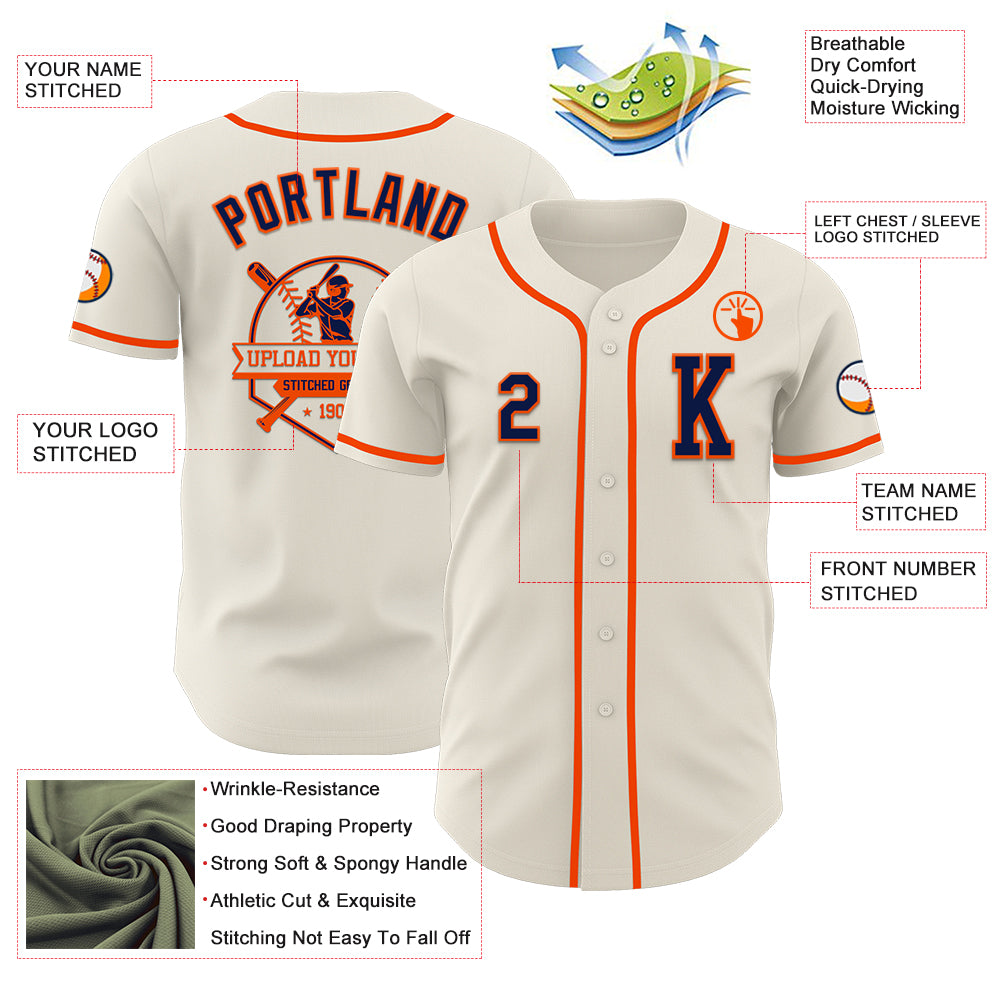 Custom Cream Navy-Orange Authentic Baseball Jersey