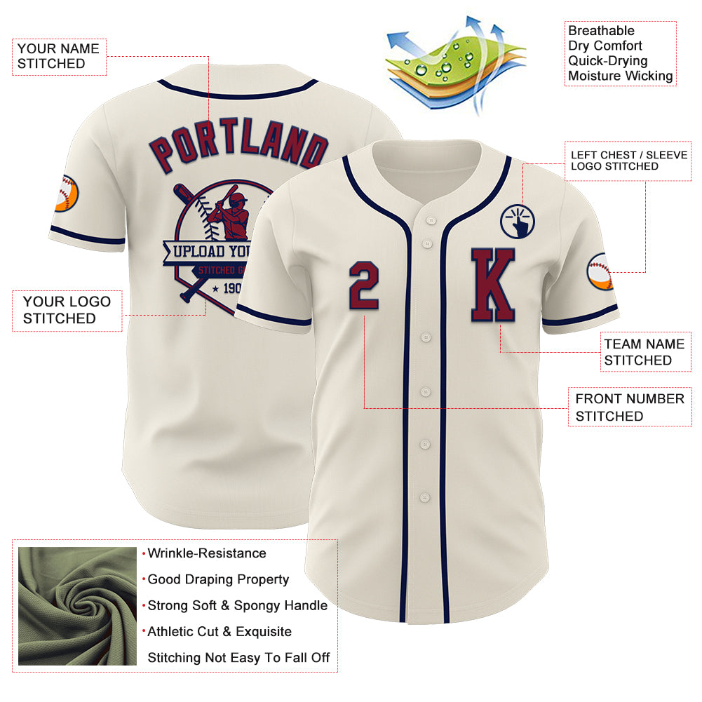 Custom Cream Crimson-Navy Authentic Baseball Jersey