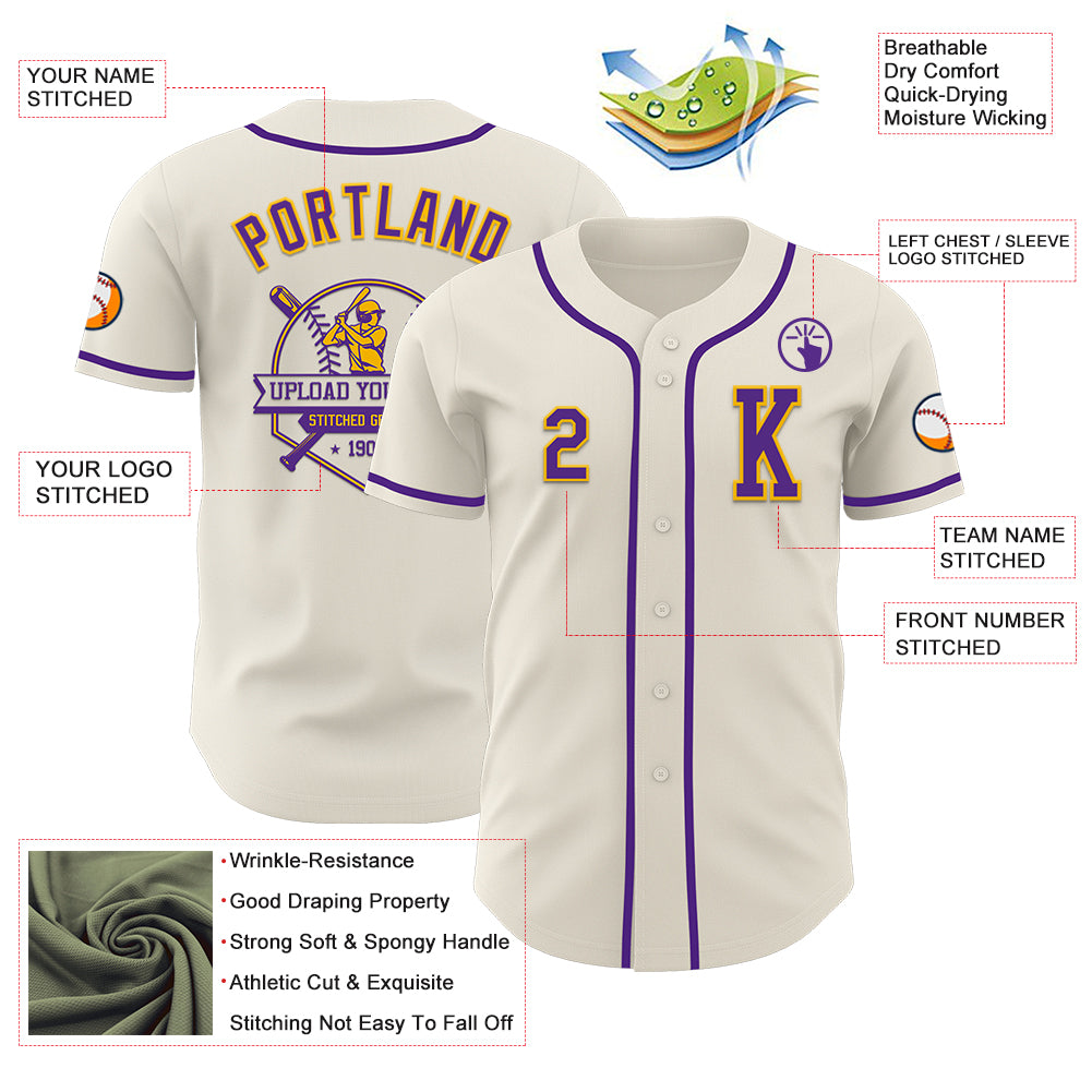 Custom Cream Purple-Gold Authentic Baseball Jersey