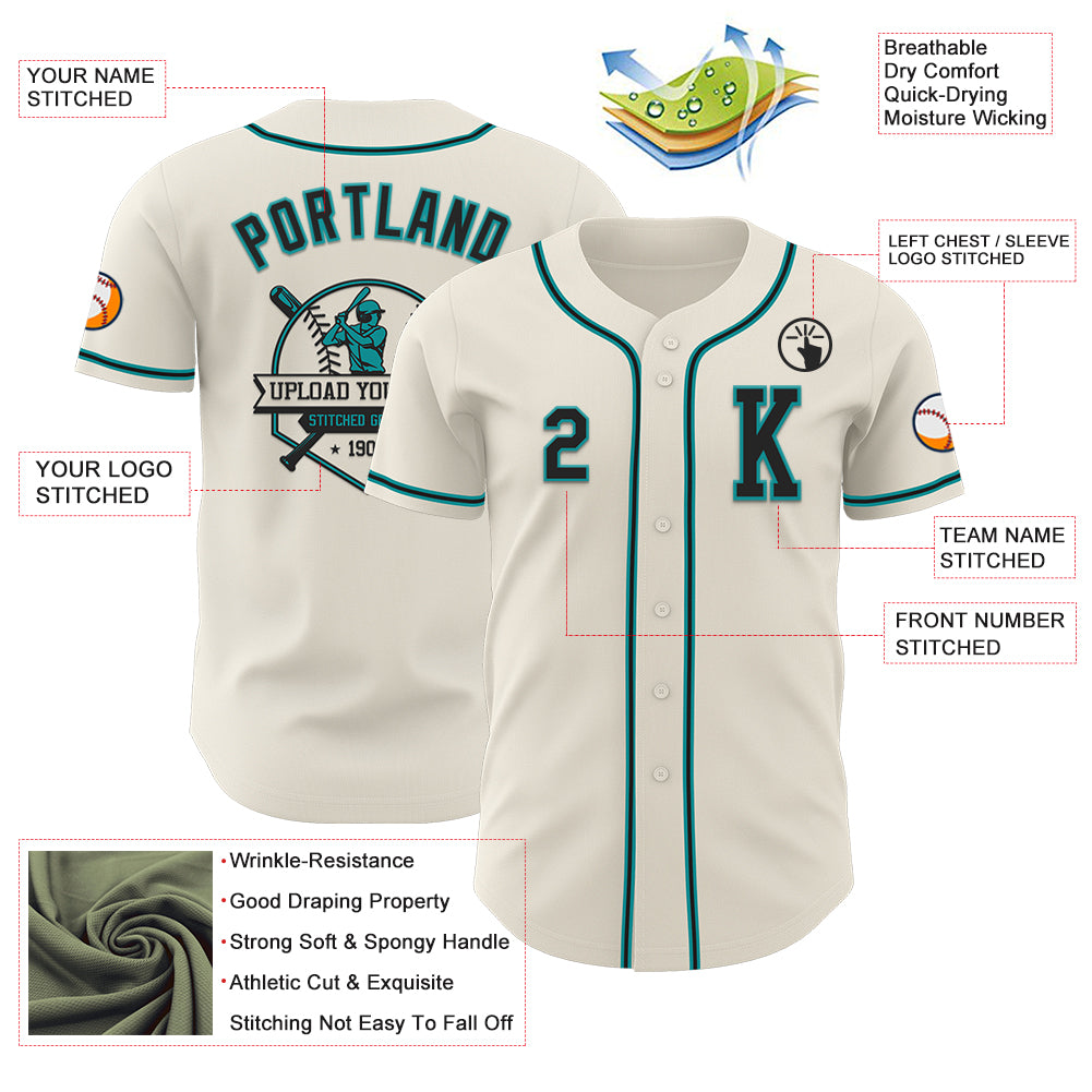 Custom Cream Black-Teal Authentic Baseball Jersey