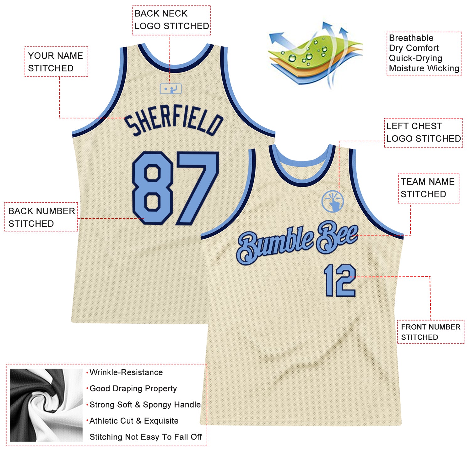 Custom Cream Light Blue-Navy Authentic Throwback Basketball Jersey