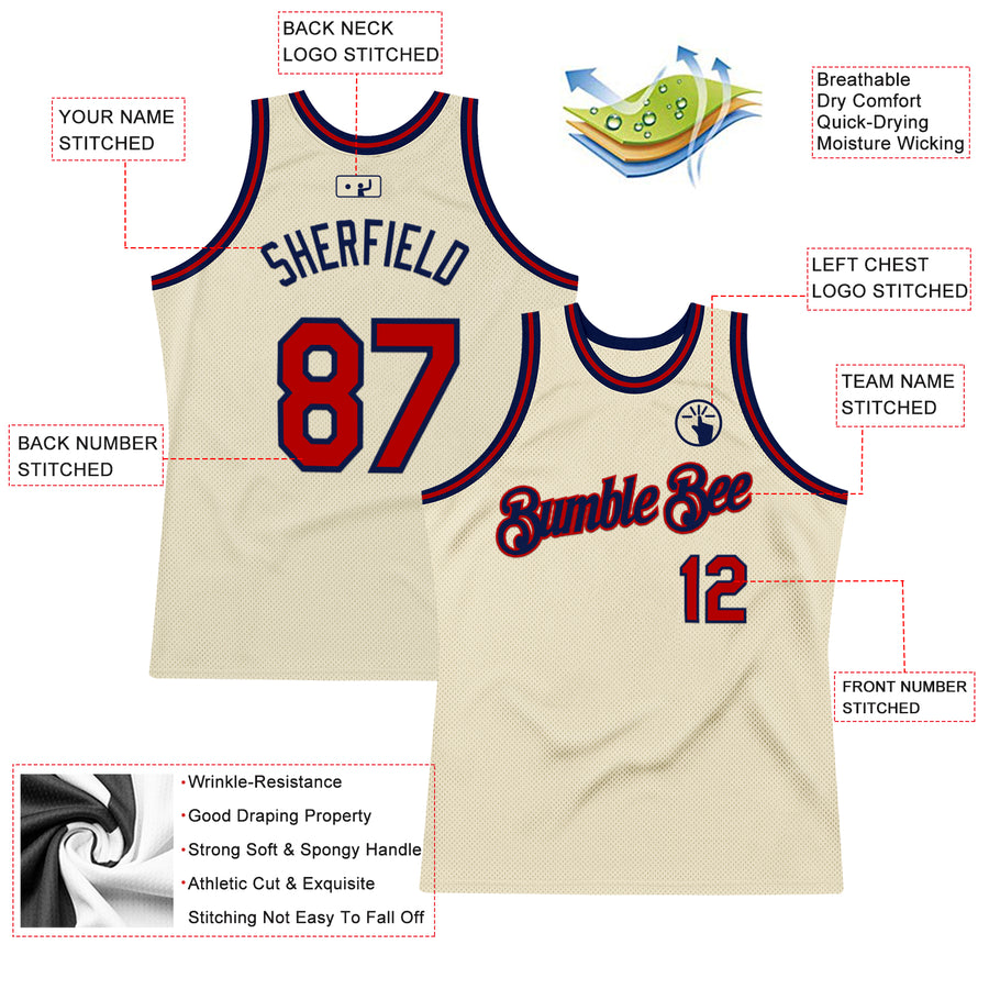 Custom Cream Red-Navy Authentic Throwback Basketball Jersey