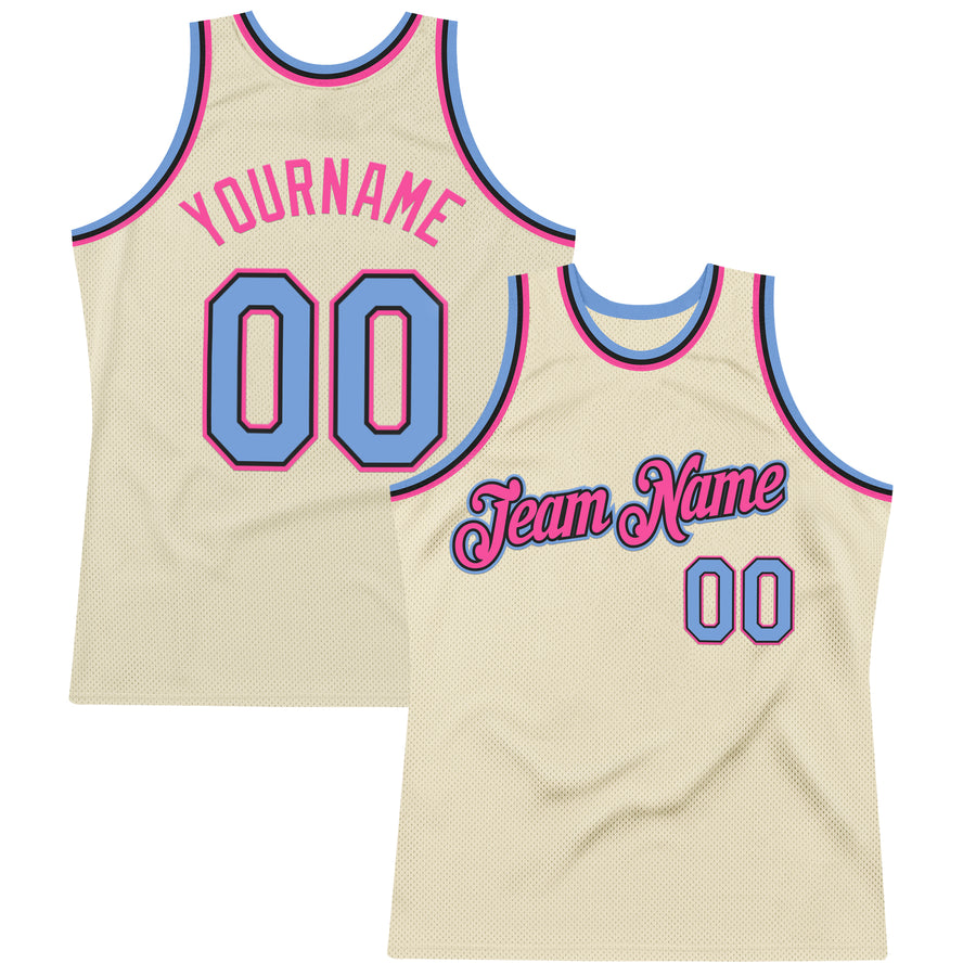 Custom Cream Light Blue Black-Pink Authentic Throwback Basketball Jersey