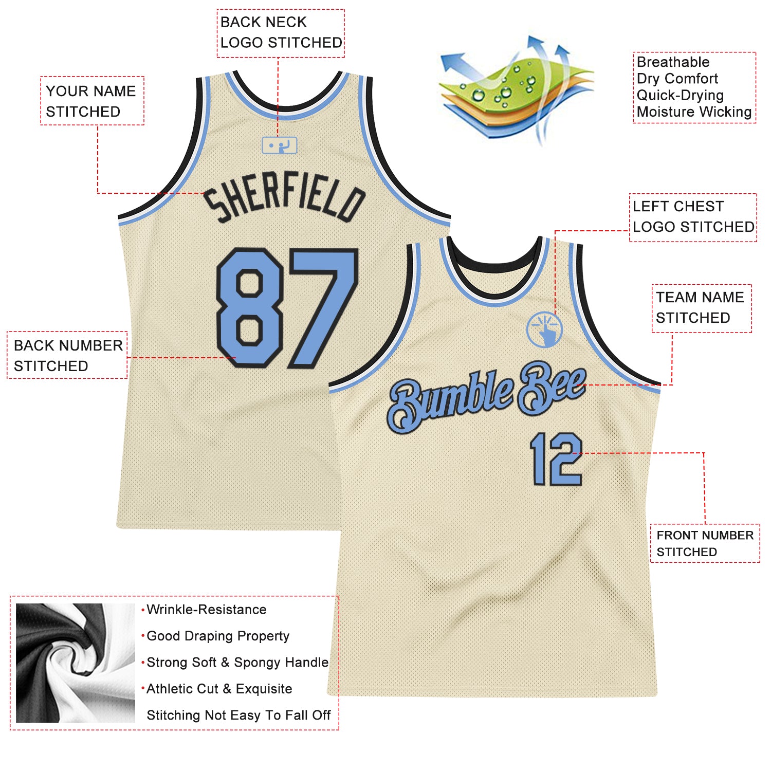 Custom Cream Light Blue Black-White Authentic Throwback Basketball Jersey