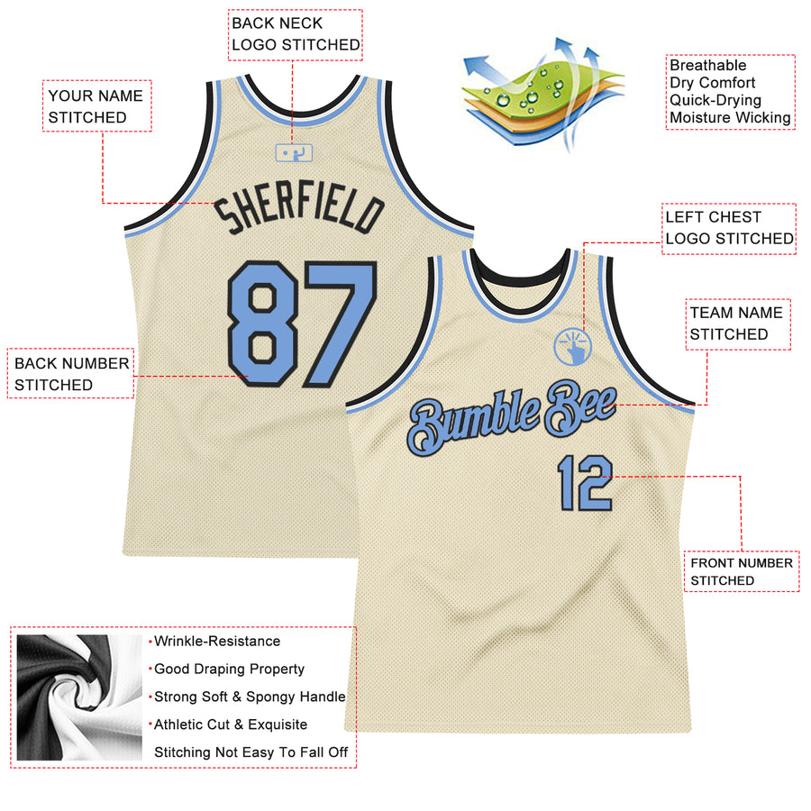 Custom Cream Light Blue Black-White Authentic Throwback Basketball Jersey
