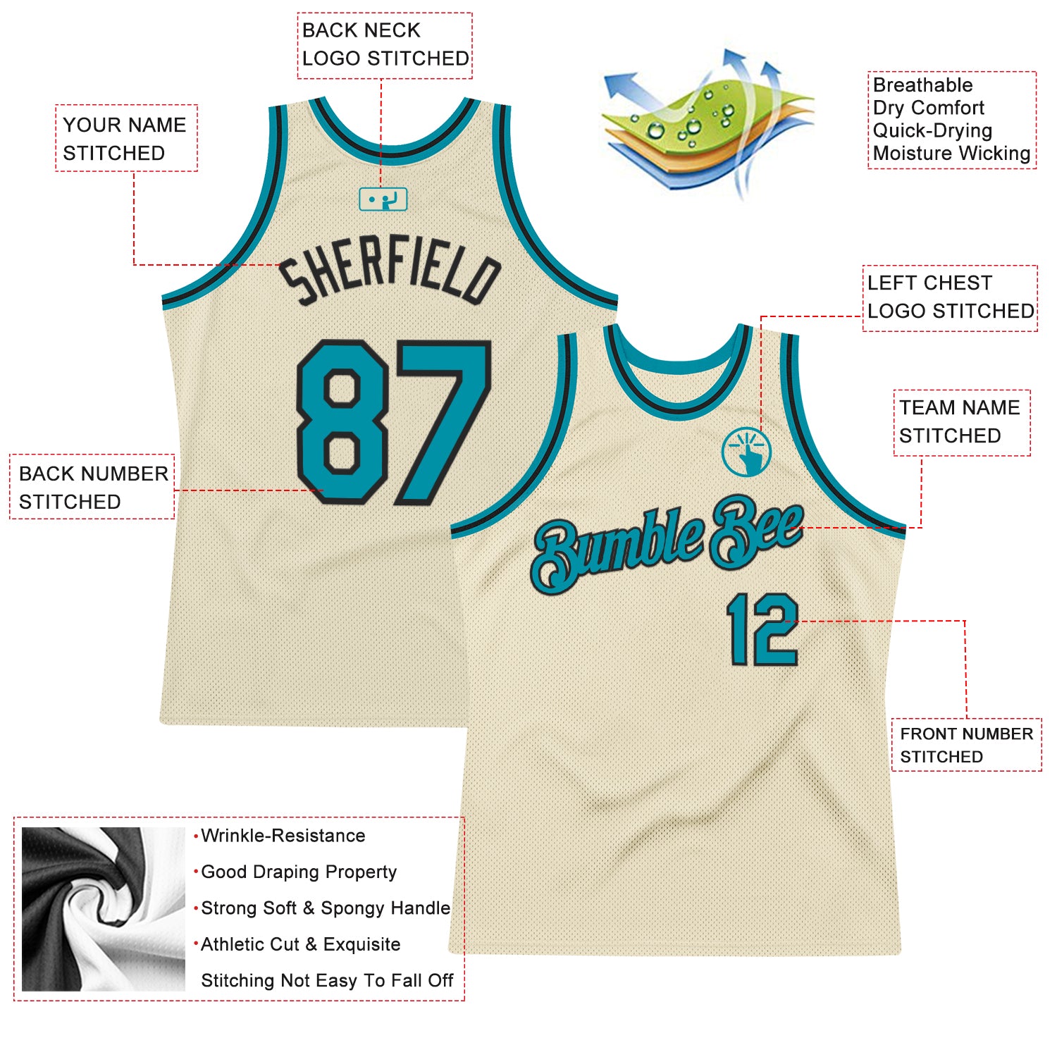 Custom Cream Teal-Black Authentic Throwback Basketball Jersey