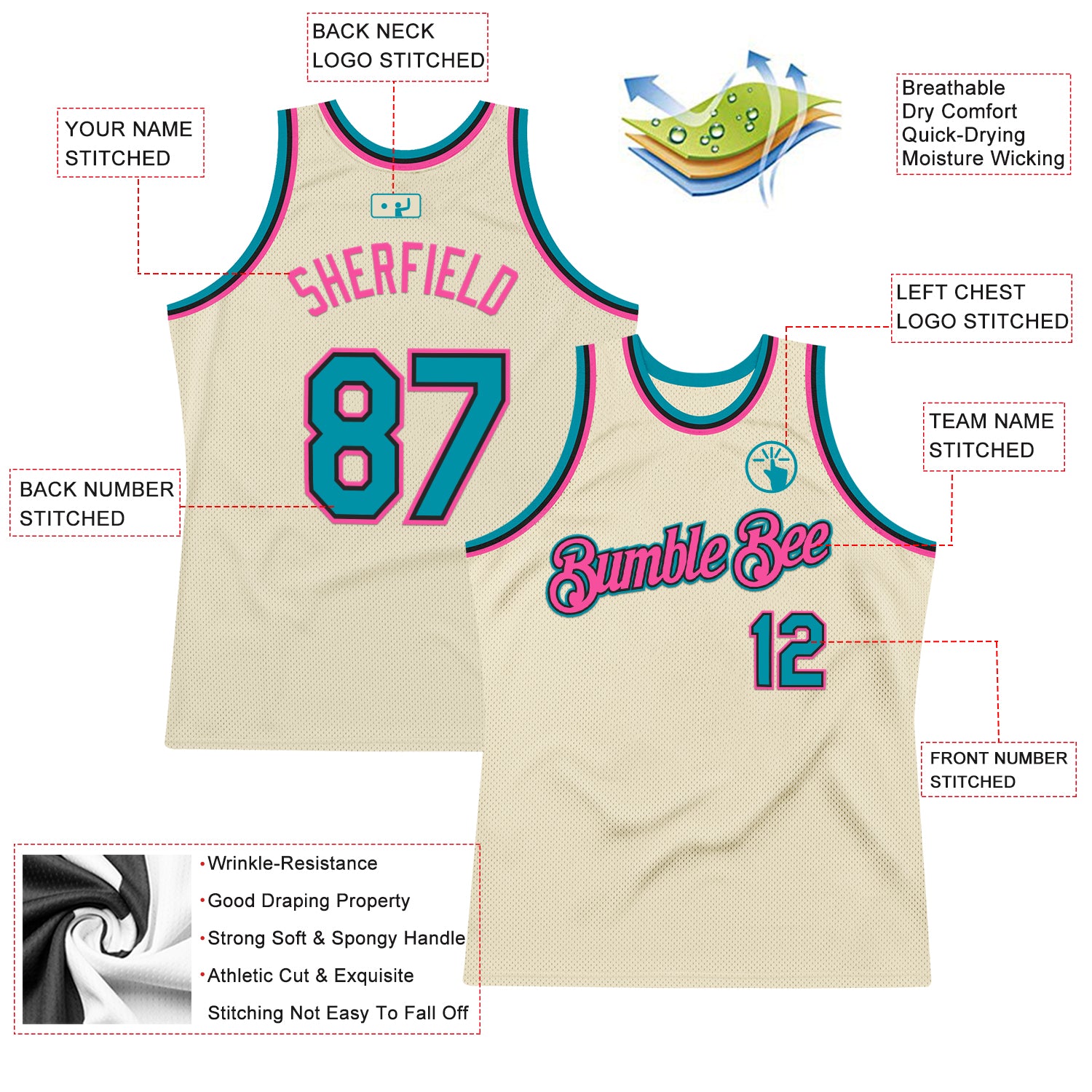 Custom Cream Teal Black-Pink Authentic Throwback Basketball Jersey