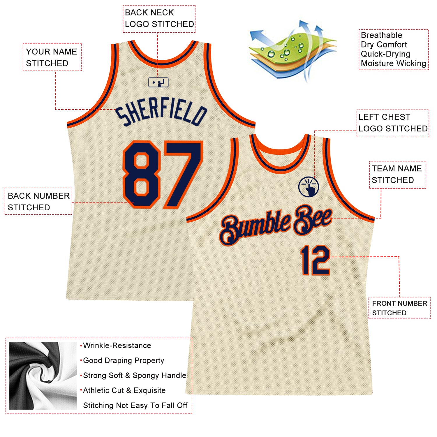 Custom Cream Navy-Orange Authentic Throwback Basketball Jersey