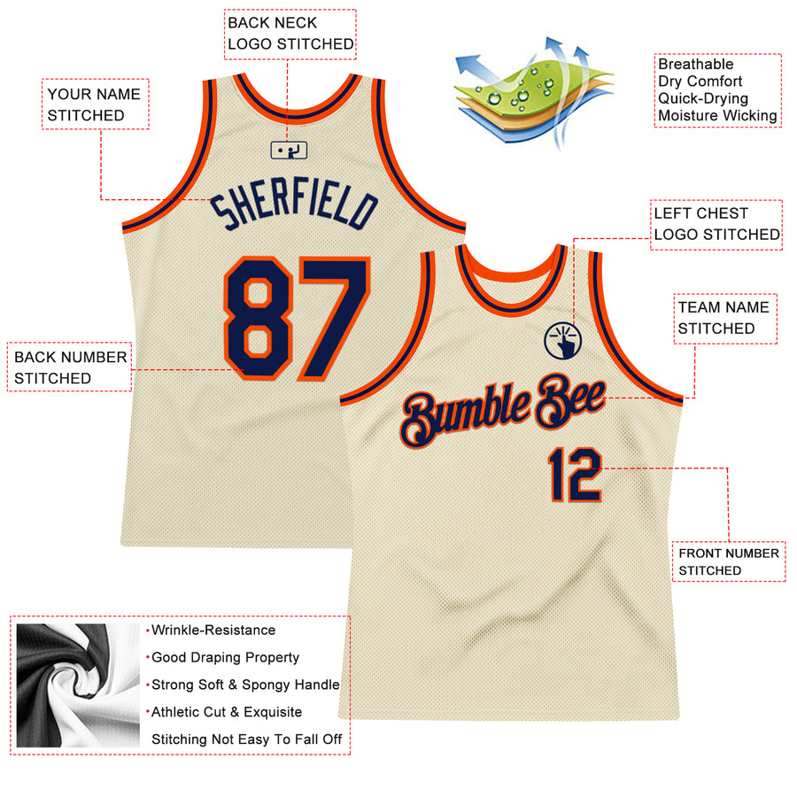 Custom Cream Navy-Orange Authentic Throwback Basketball Jersey