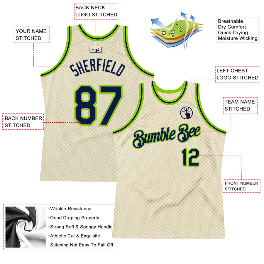 Custom Cream Navy-Neon Green Authentic Throwback Basketball Jersey