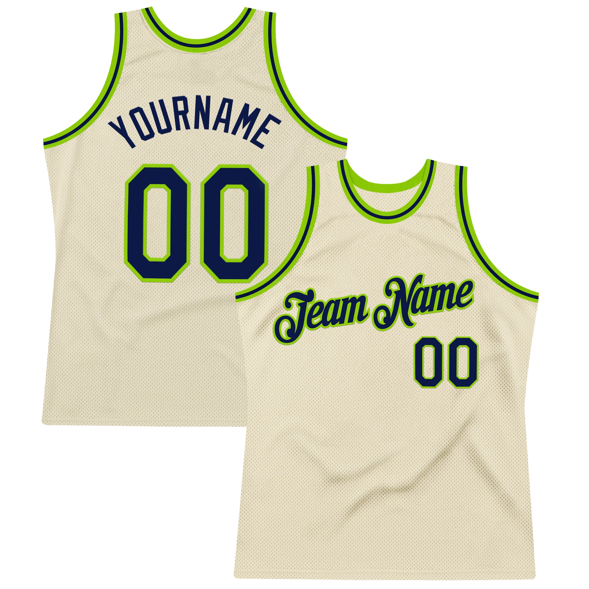 Custom Cream Navy-Neon Green Authentic Throwback Basketball Jersey