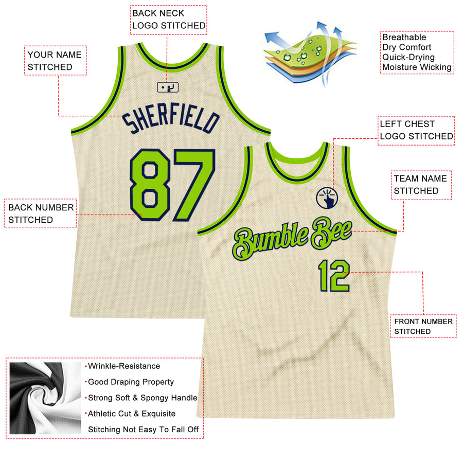 Custom Cream Neon Green-Navy Authentic Throwback Basketball Jersey