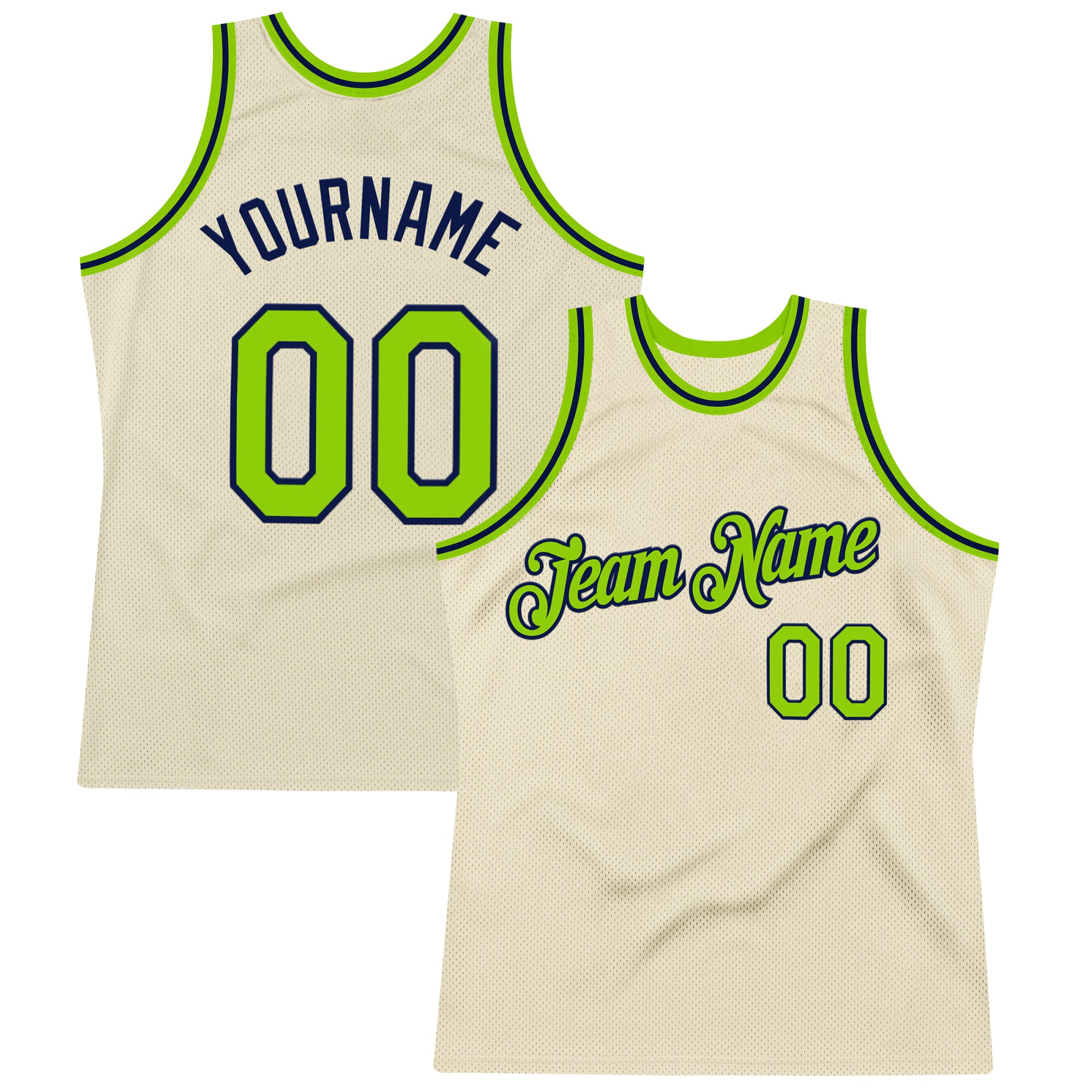 Custom Cream Neon Green-Navy Authentic Throwback Basketball Jersey