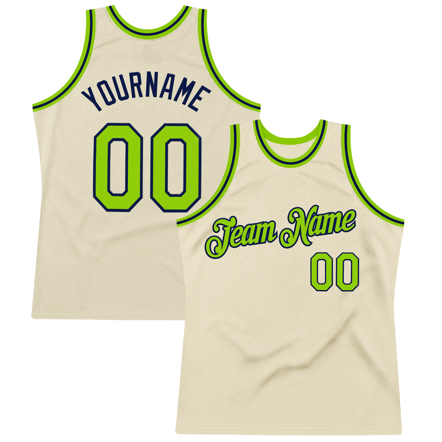 Custom Cream Neon Green-Navy Authentic Throwback Basketball Jersey