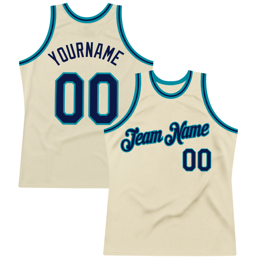 Custom Cream Navy-Teal Authentic Throwback Basketball Jersey