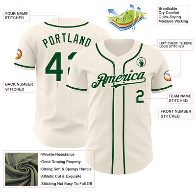 Custom Cream Green Authentic Baseball Jersey