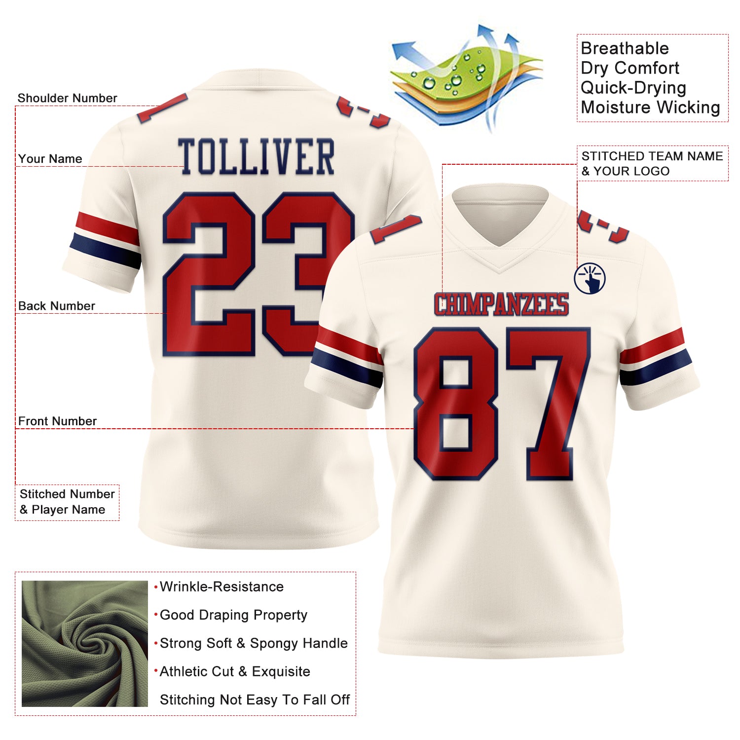 Custom Cream Red-Navy Authentic Football Jersey