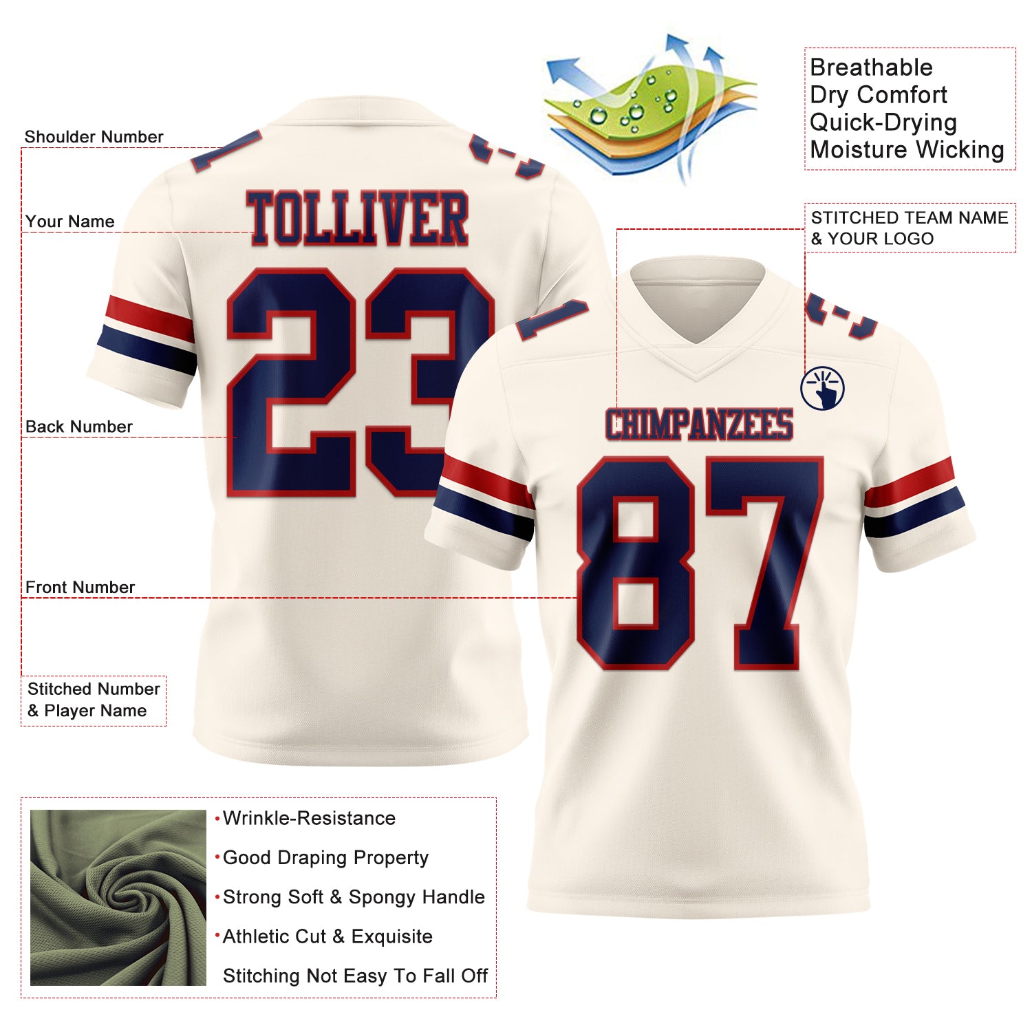Custom Cream Navy-Red Authentic Football Jersey