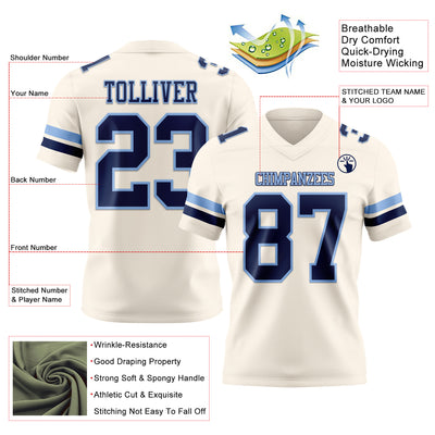 Custom Cream Navy-Light Blue Authentic Football Jersey