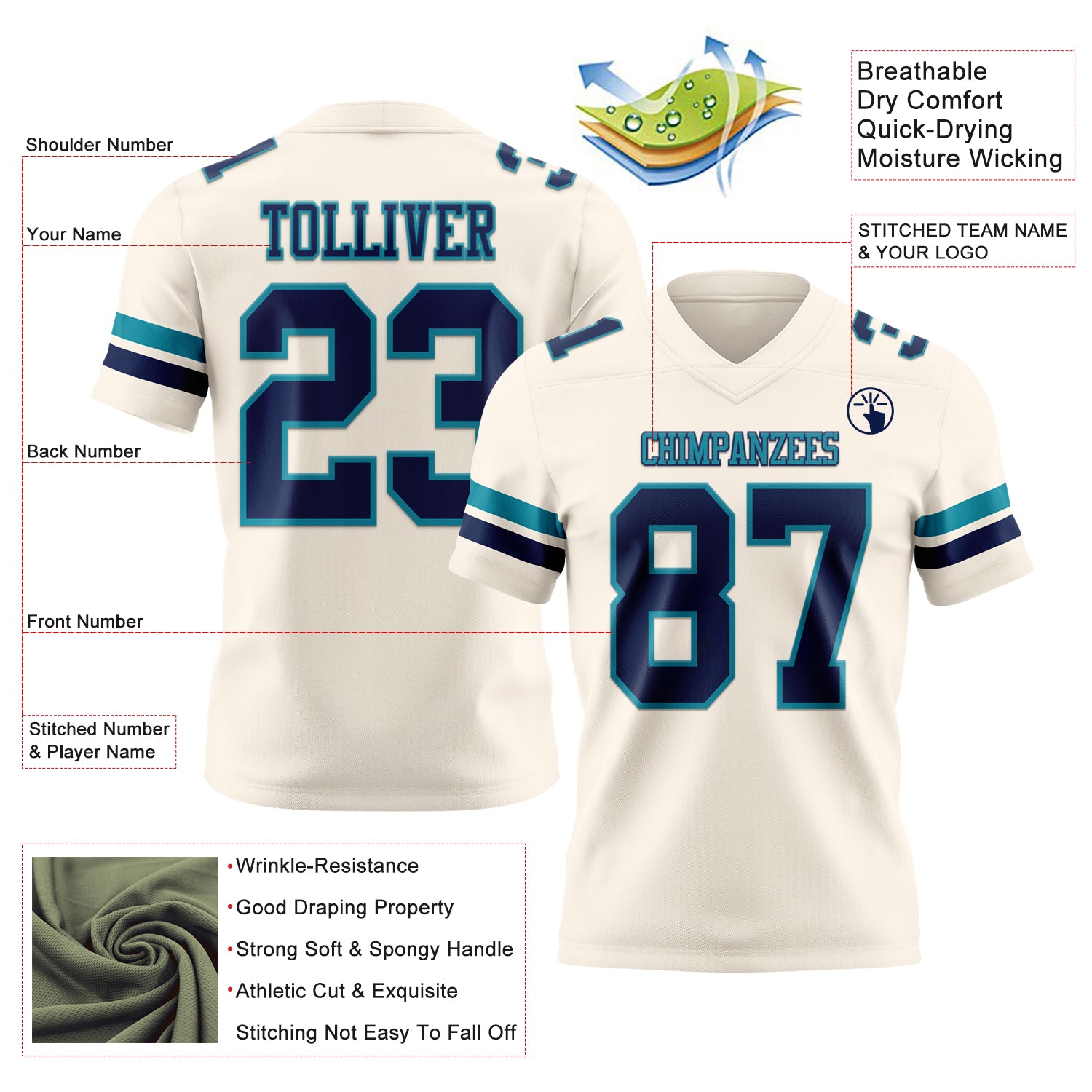 Custom Cream Navy-Teal Authentic Football Jersey