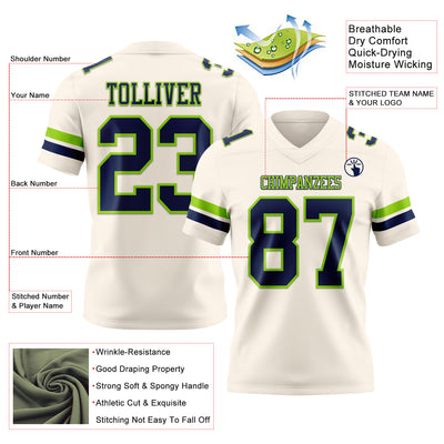 Custom Cream Navy-Neon Green Authentic Football Jersey