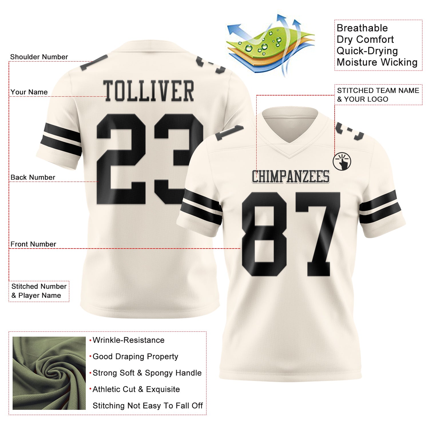 Custom Cream Black Authentic Football Jersey
