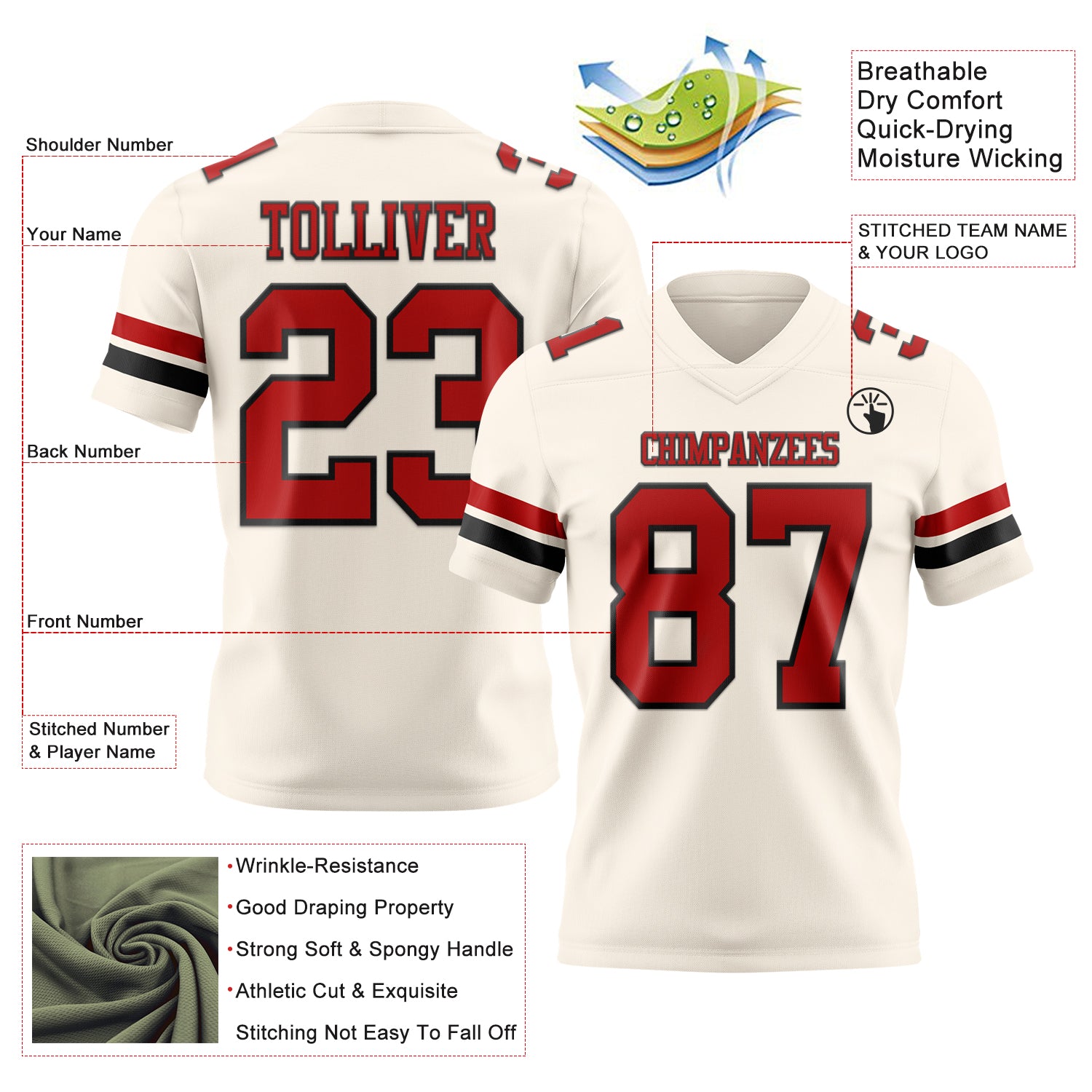 Custom Cream Red-Black Authentic Football Jersey