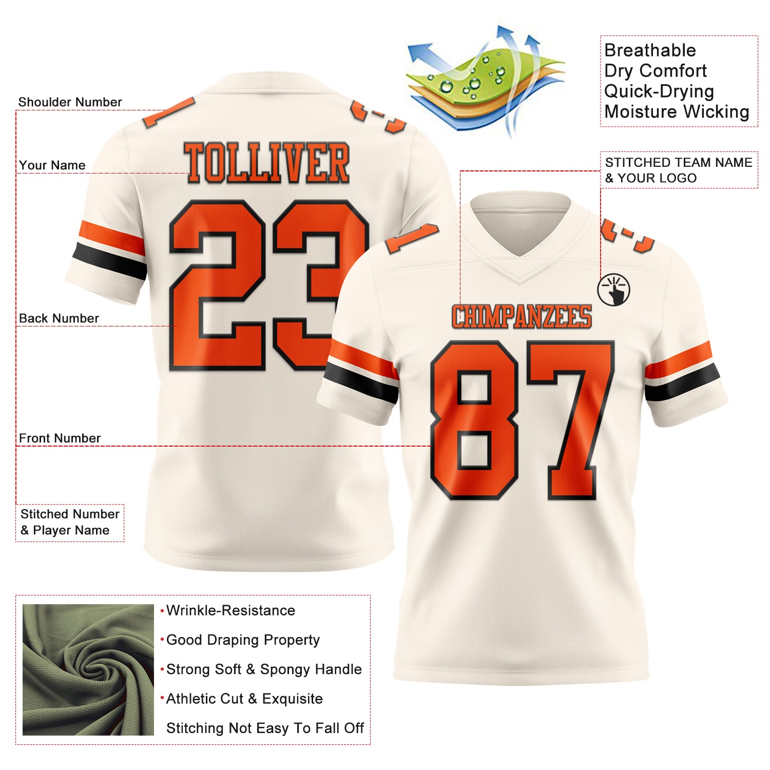 Custom Cream Orange-Black Authentic Football Jersey