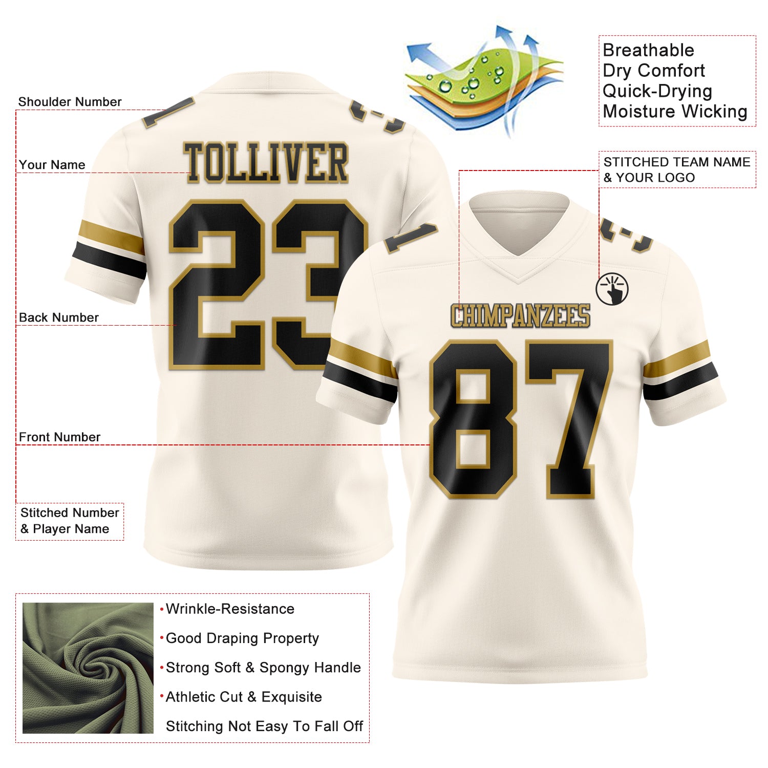 Custom Cream Black-Old Gold Authentic Football Jersey