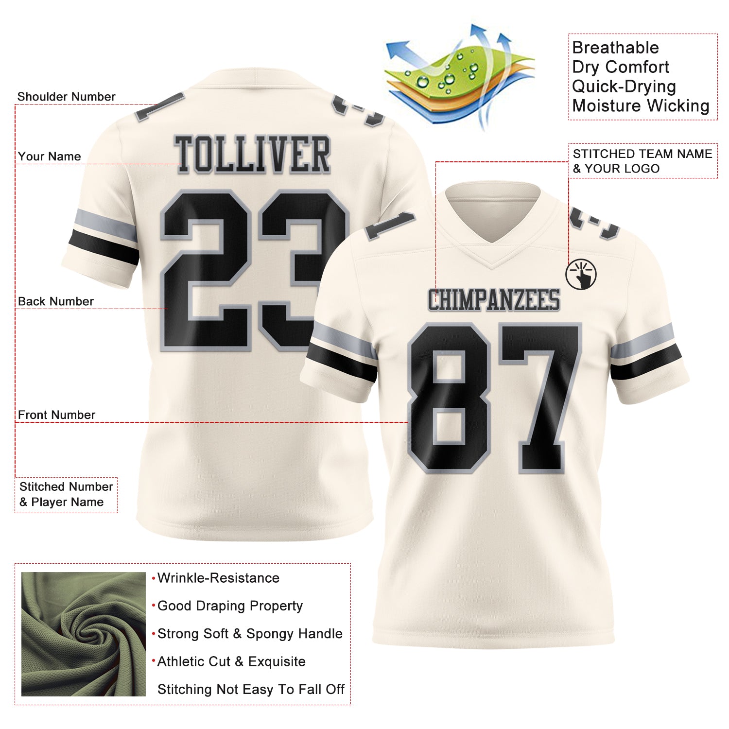 Custom Cream Black-Gray Authentic Football Jersey