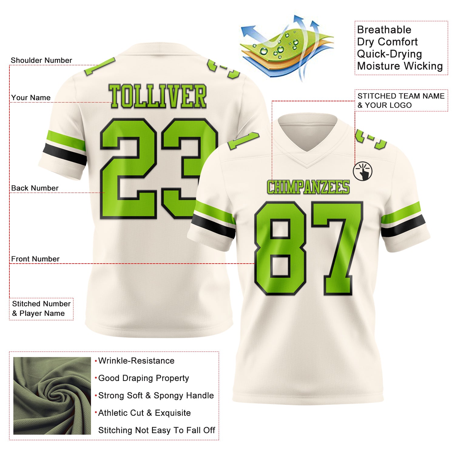 Custom Cream Neon Green-Black Authentic Football Jersey
