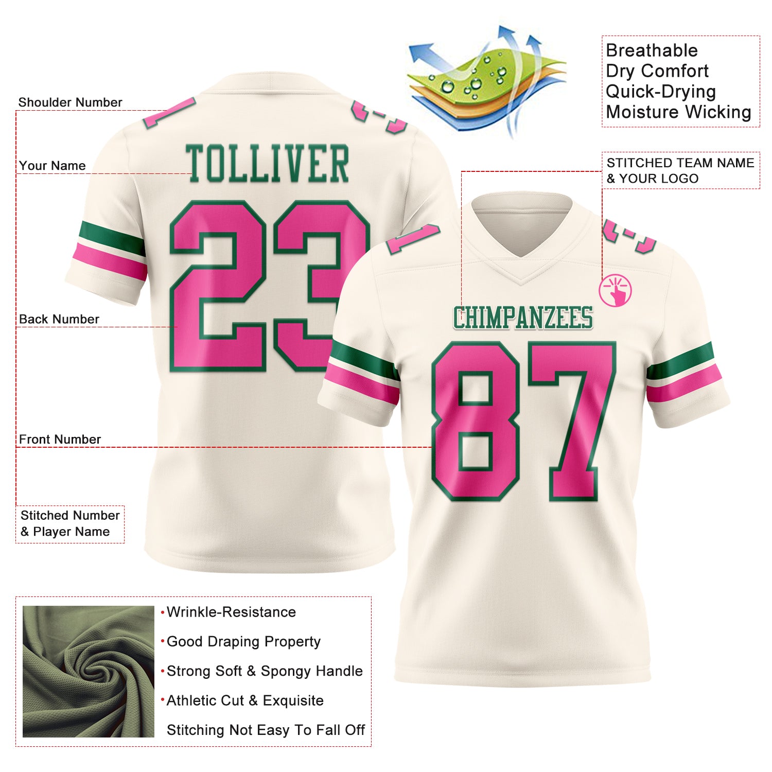 Custom Cream Pink-Kelly Green Authentic Football Jersey