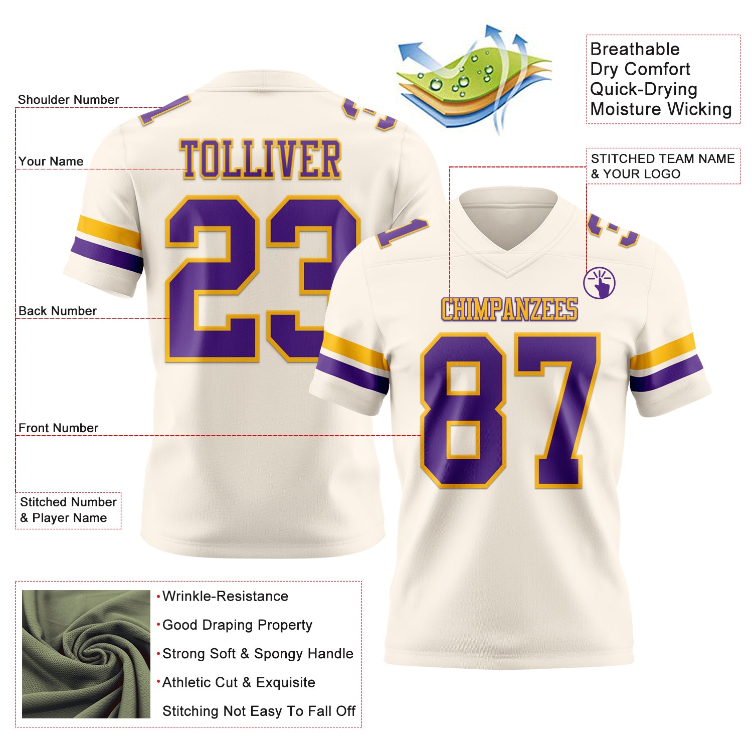 Custom Cream Purple-Gold Authentic Football Jersey