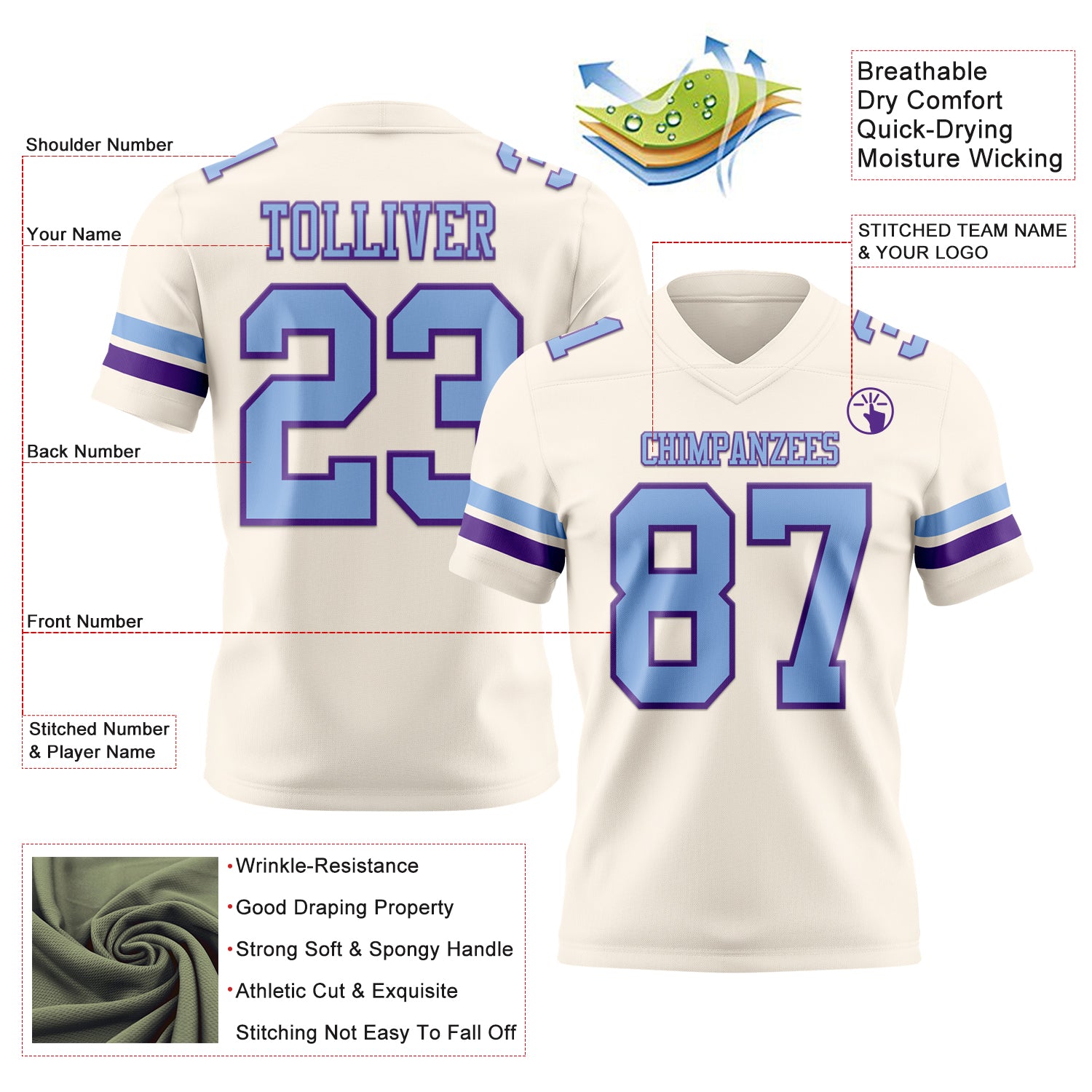 Custom Cream Light Blue-Purple Authentic Football Jersey