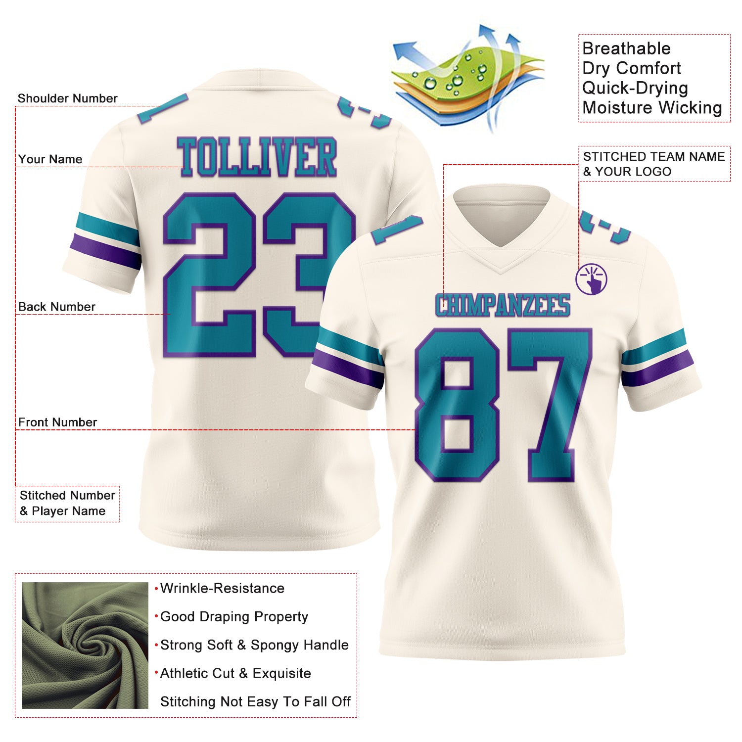 Custom Cream Teal-Purple Authentic Football Jersey