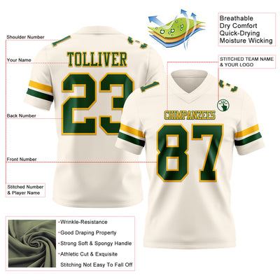 Custom Cream Green-Gold Authentic Football Jersey