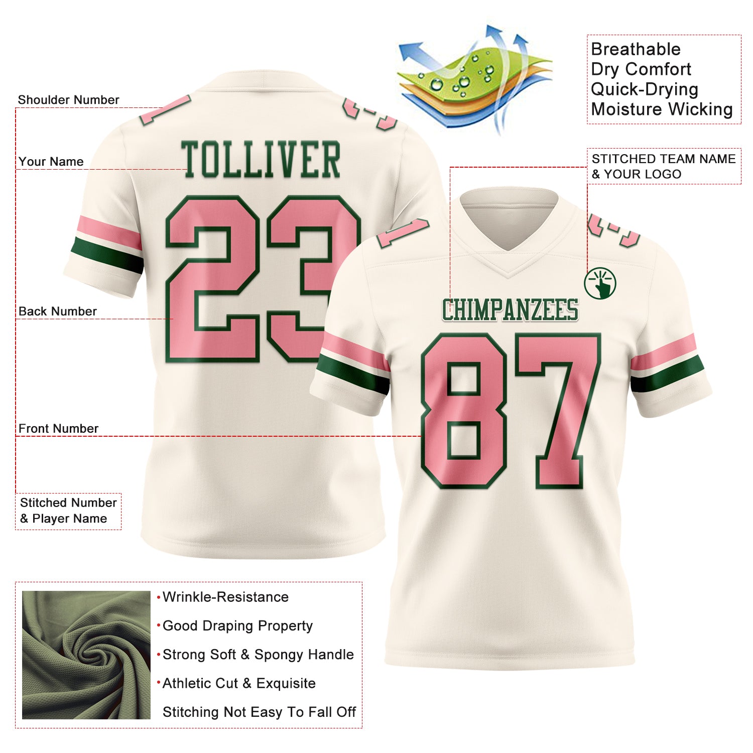 Custom Cream Medium Pink-Green Authentic Football Jersey
