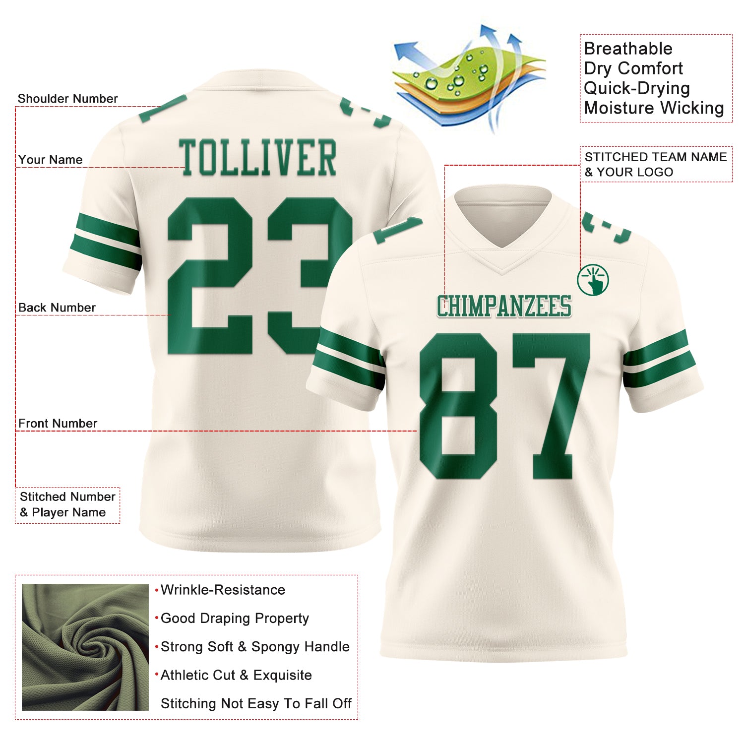 Custom Cream Kelly Green Authentic Football Jersey