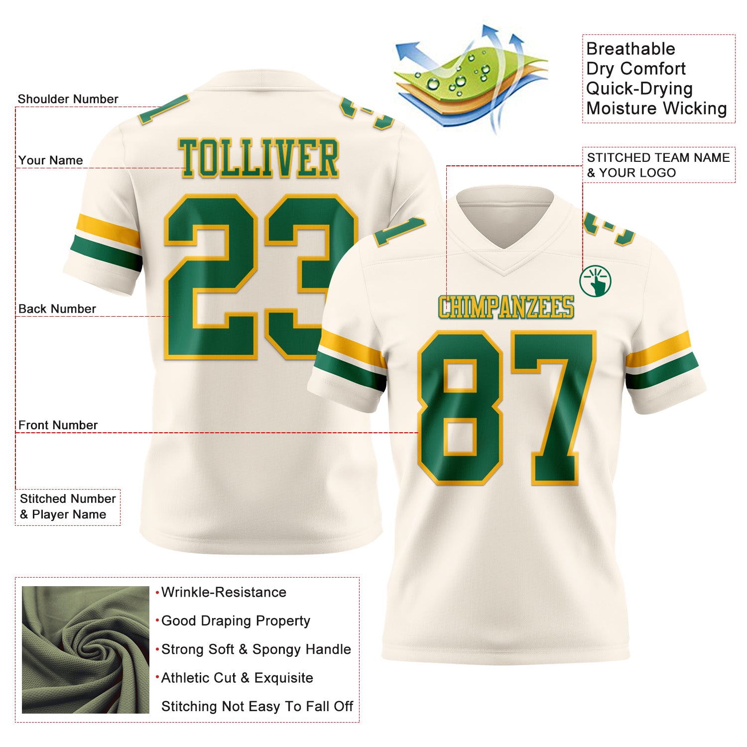 Custom Cream Kelly Green-Gold Authentic Football Jersey